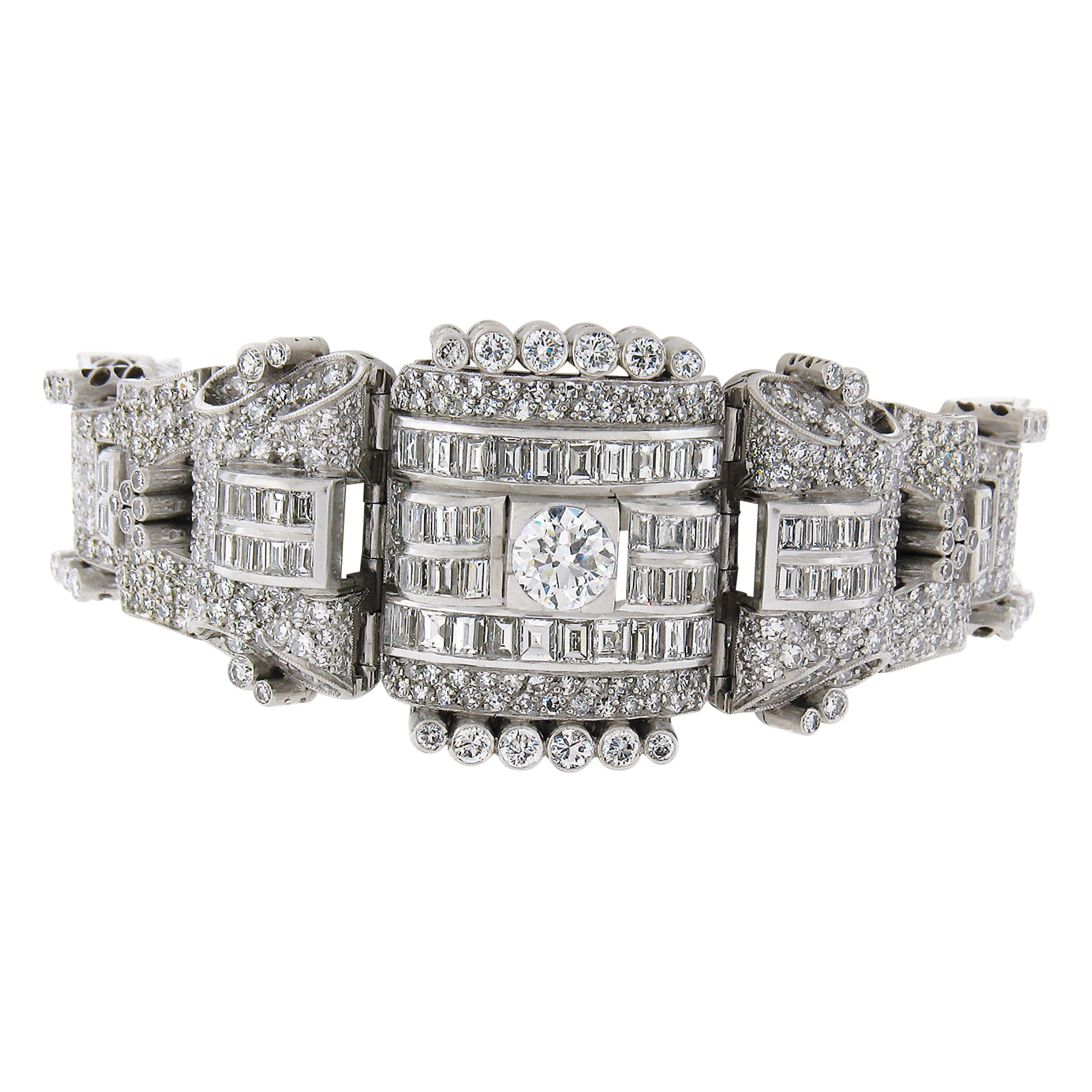 Bracelet fantaisie à maillons fantaisie en platine, diamants taille vieille Europe et baguette