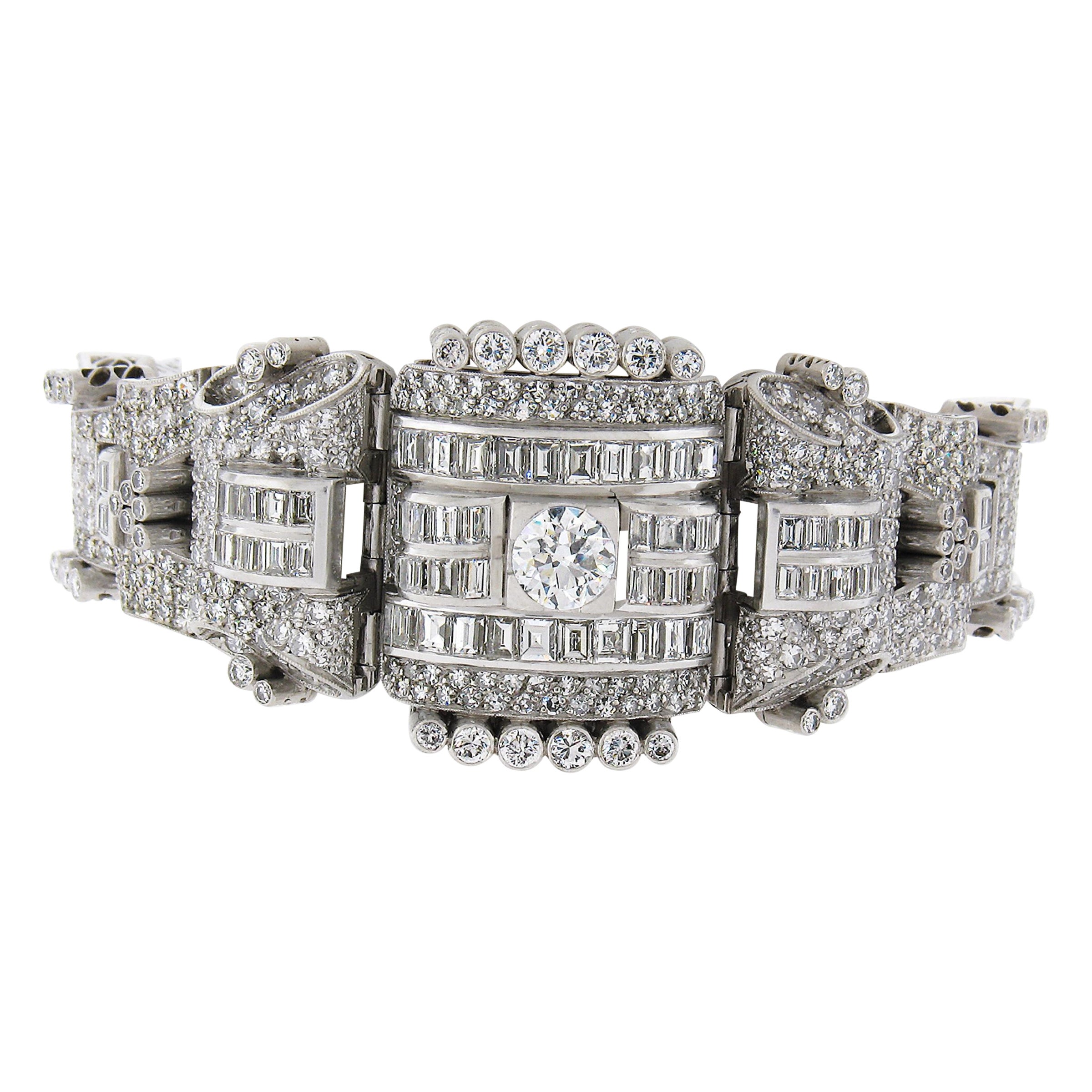 Vintage Platinum Old European & Baguette Diamond Fancy Link Statement Bracelet