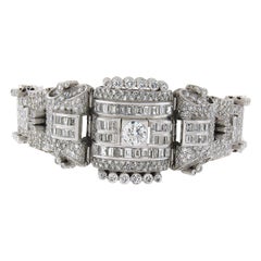 Used Platinum Old European & Baguette Diamond Fancy Link Statement Bracelet