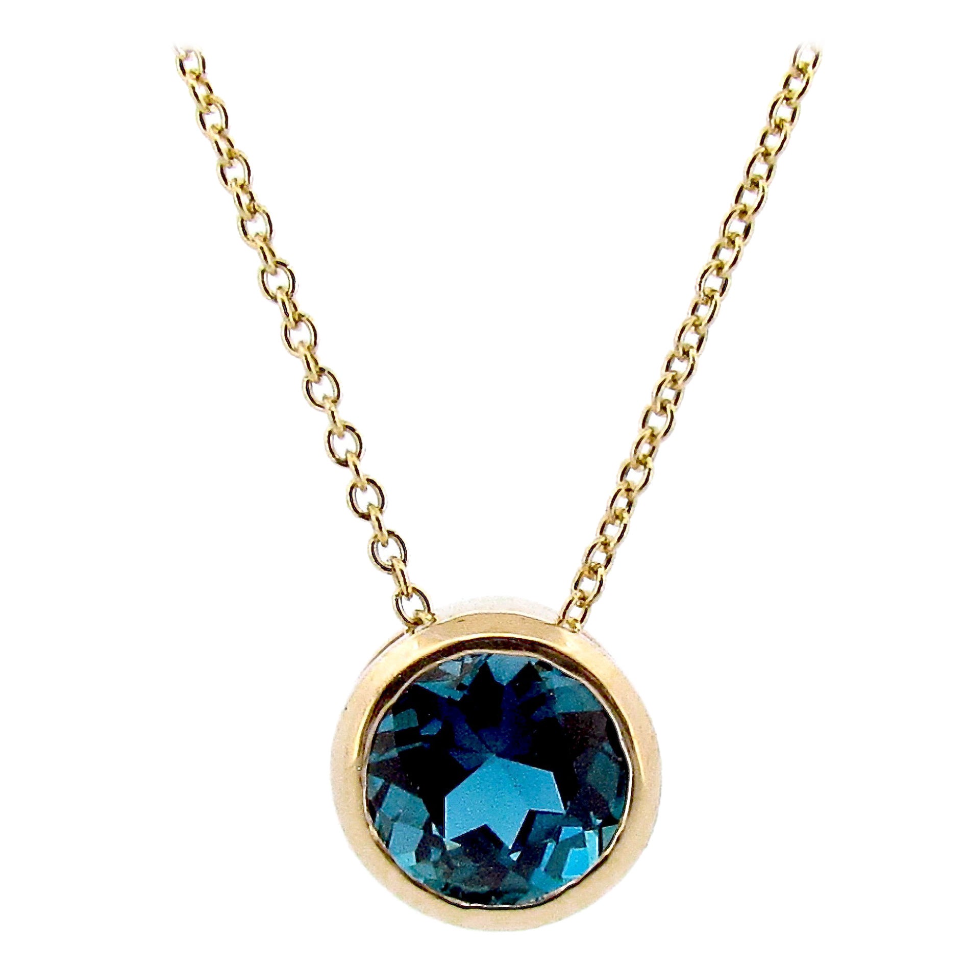 yellow Gold London Blue Round bezel set Necklace   For Sale