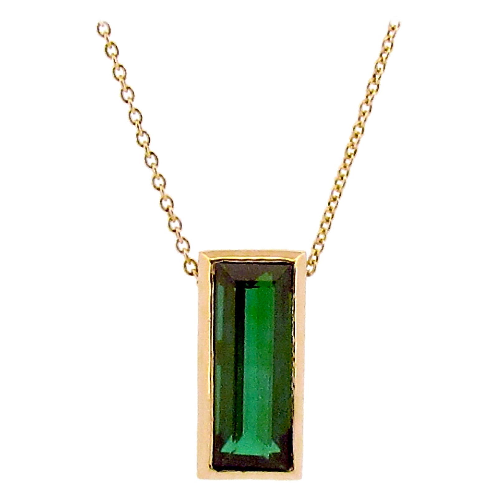 Yellow Gold OOAK Yellow Gold 3.35ct Baguette Green Tourmaline Necklace  