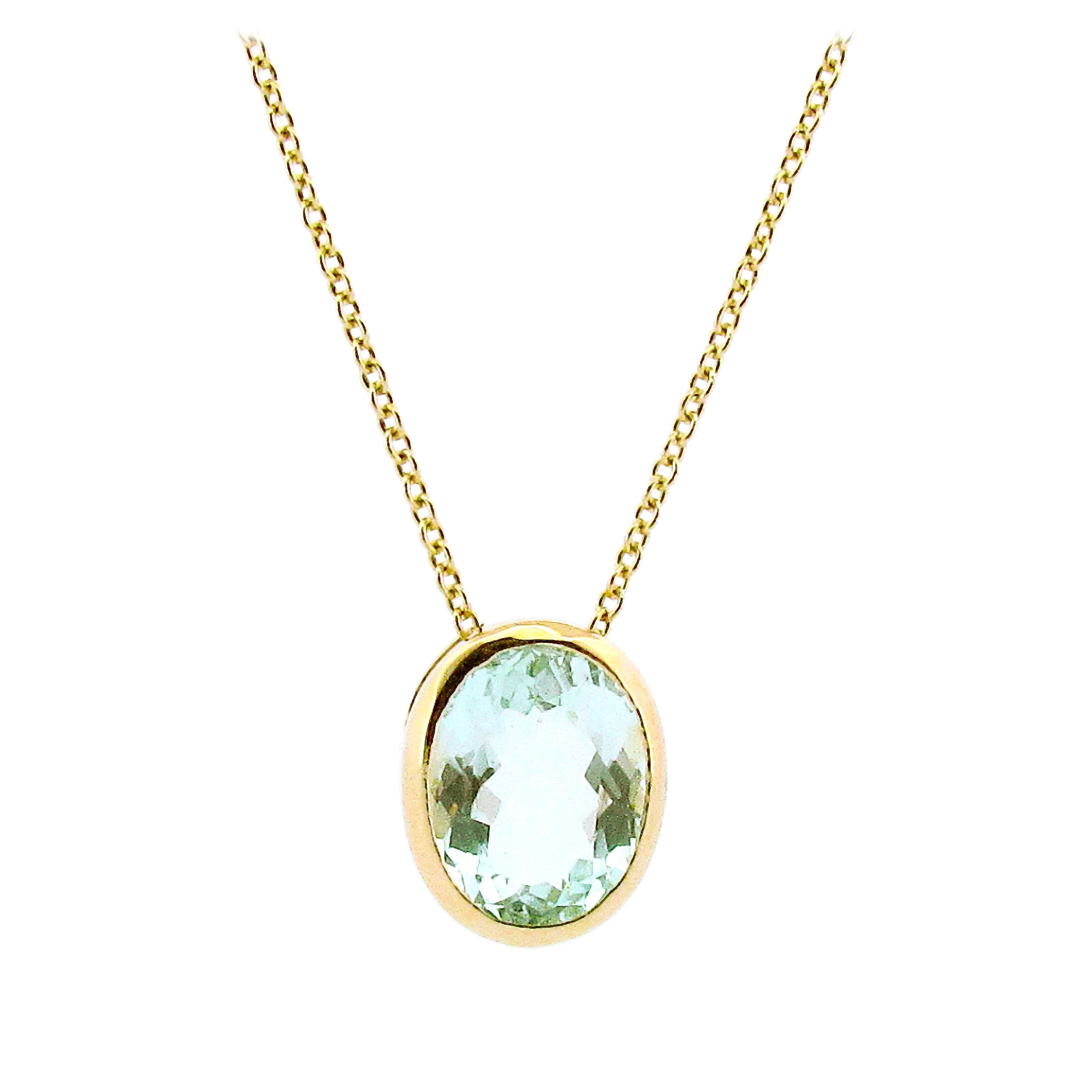 OOAK Yellow Gold Oval 2.05ct Aquamarine Necklace For Sale