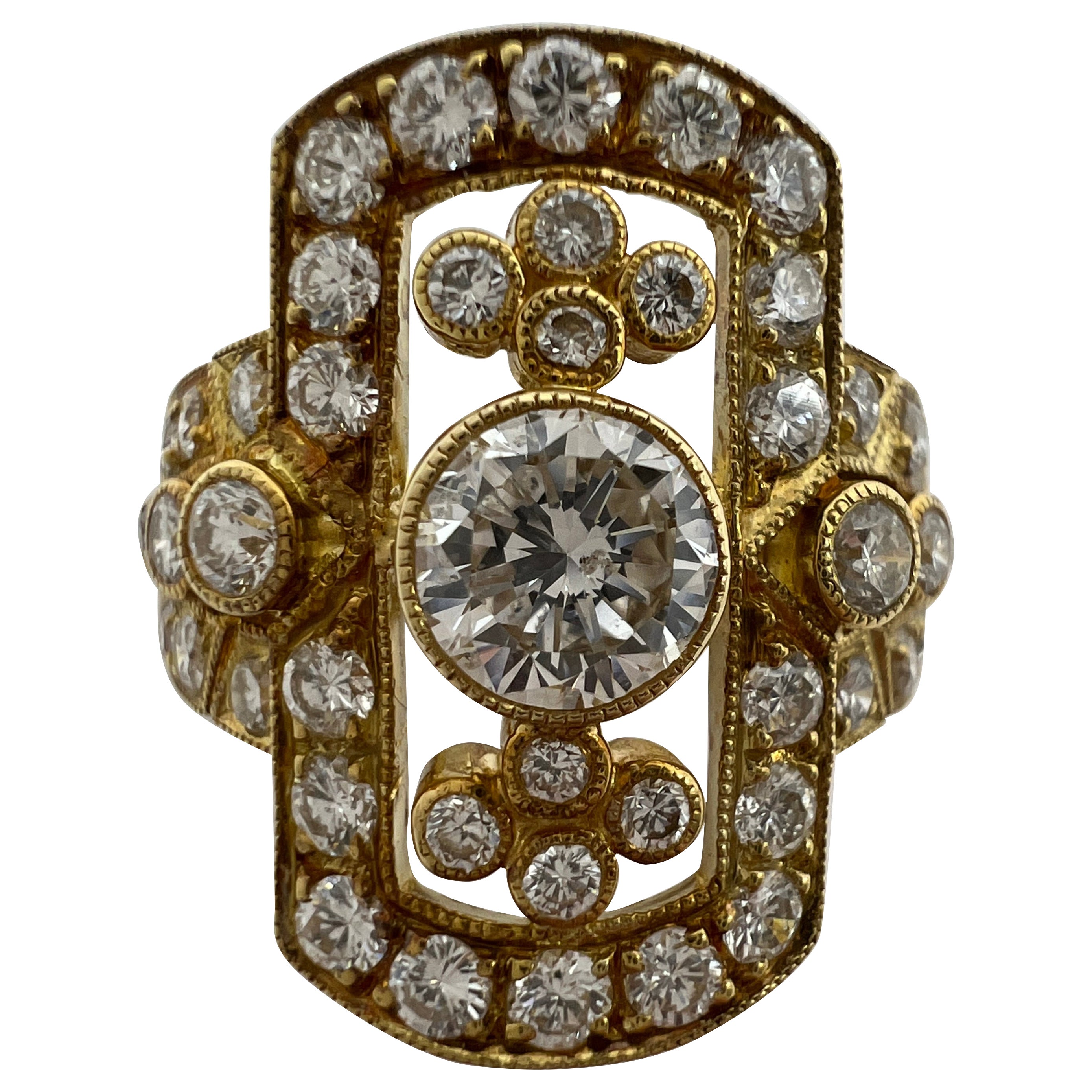 1.702ct Art Deco Vintage White Diamond Cluster Handmade 18k Yellow Gold Ring For Sale