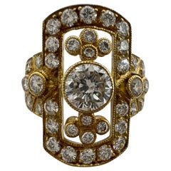 1.702ct Art Deco Vintage White Diamond Cluster Handmade 18k Yellow Gold Ring