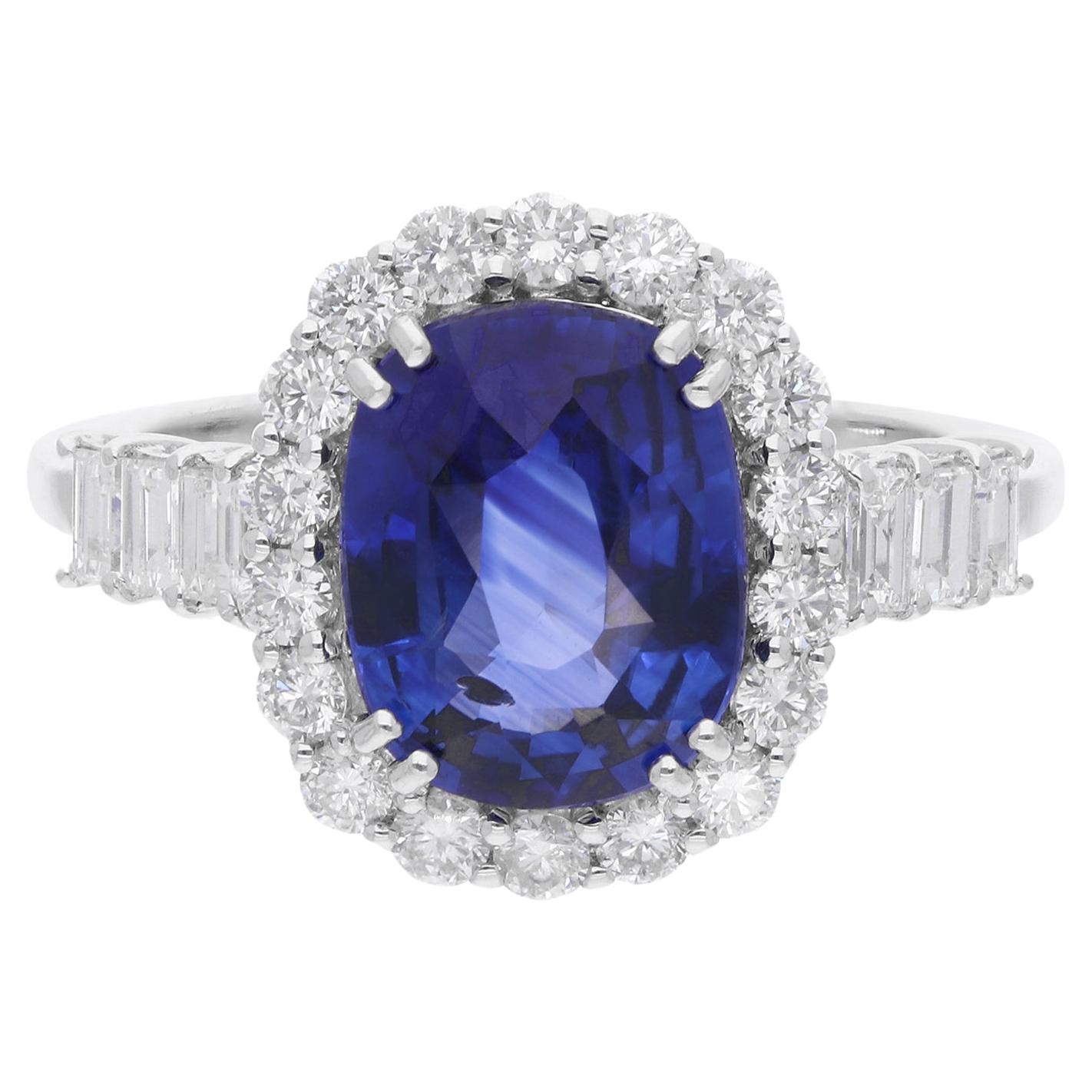 Blue Sapphire Cocktail Ring Diamond 14 Karat White Gold Handmade Fine Jewelry