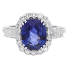 Blue Sapphire Cocktail Ring Diamond 14 Karat White Gold Handmade Fine Jewelry