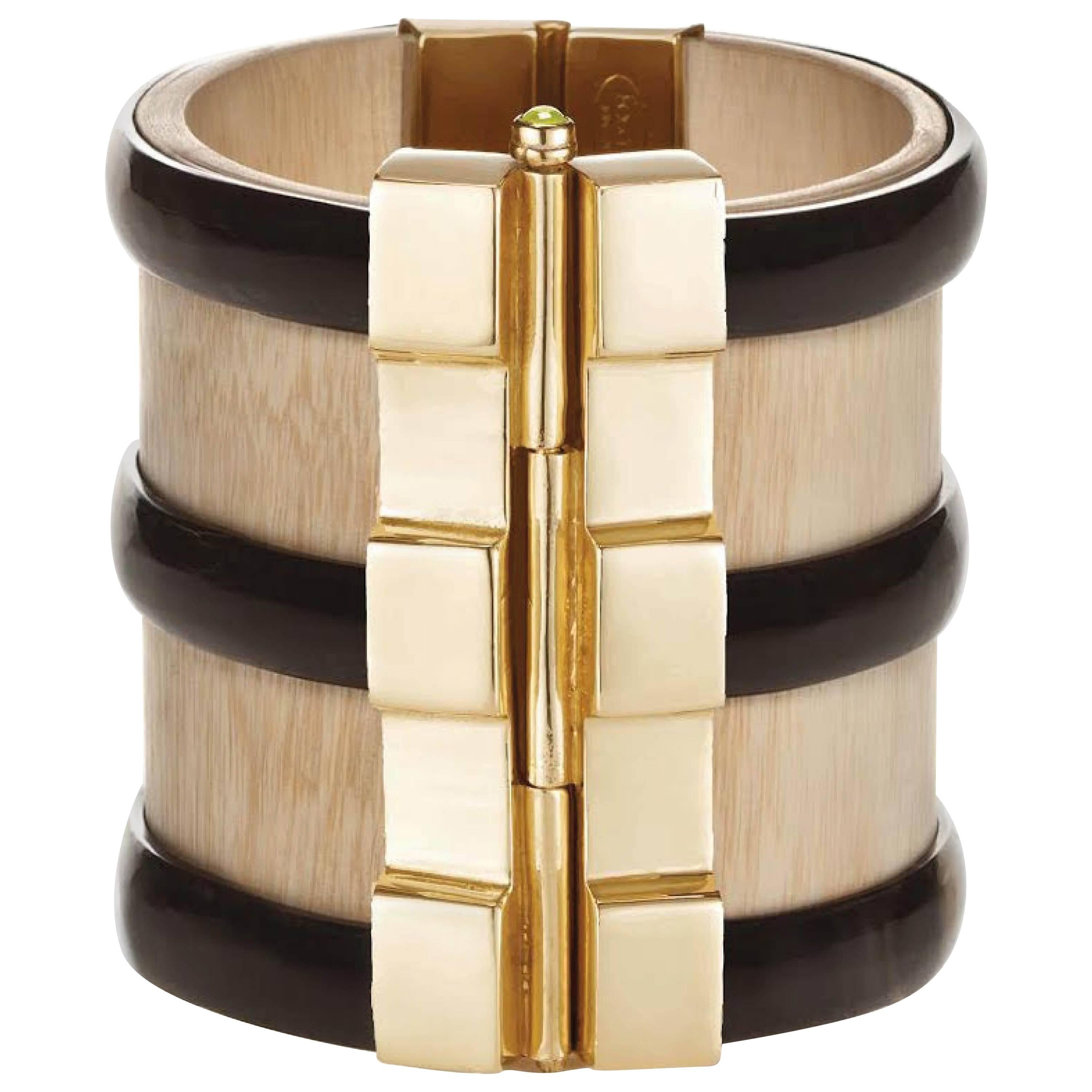 Fouche Horn Peridot Sapphire Wood Gold Cuff Bracelet