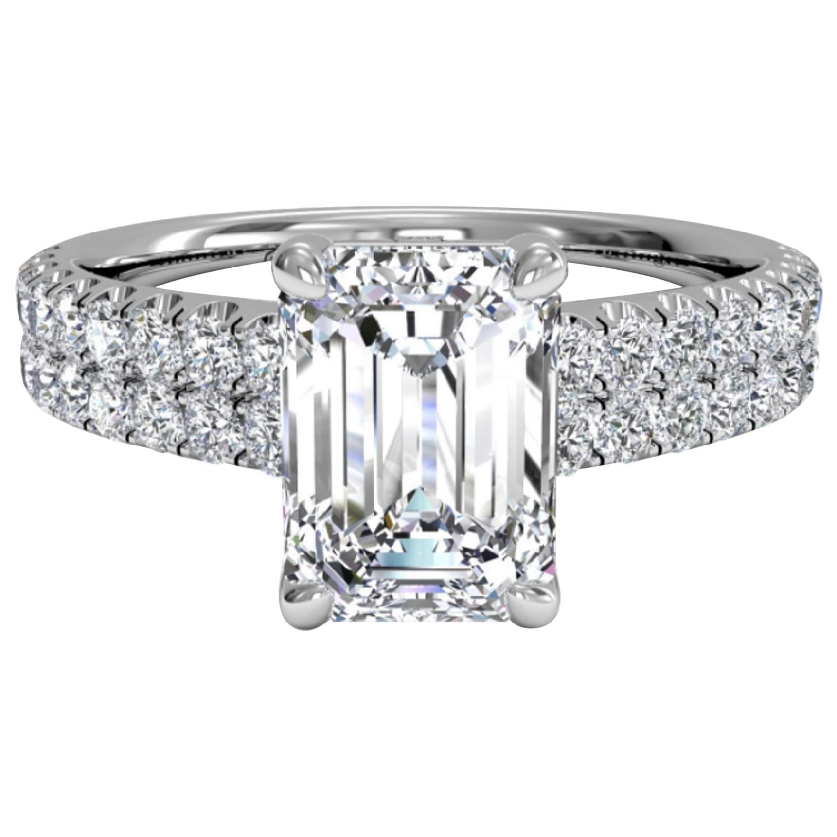 GIA Certified 2 Carat Emerald Cut Diamond Pave Ring VVS1 Clarity D Color For Sale