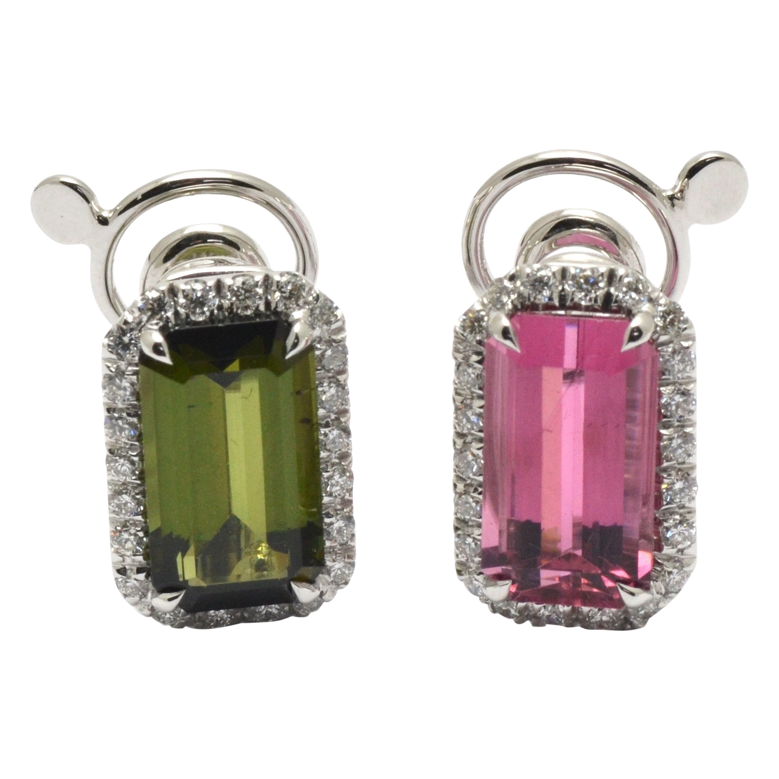 Diamond Pink Green Tourmaline 18 Kt White Gold Made in Italy Earrings For Sale