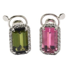 Used Diamond Pink Green Tourmaline 18 Kt White Gold Made in Italy Earrings