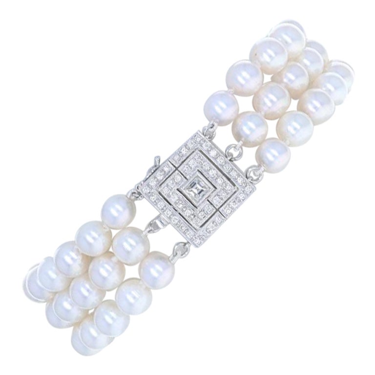 White Gold Akoya Pearl & Diamond Knotted Triple Strand Bracelet 8 1/4" 14k.80ctw For Sale