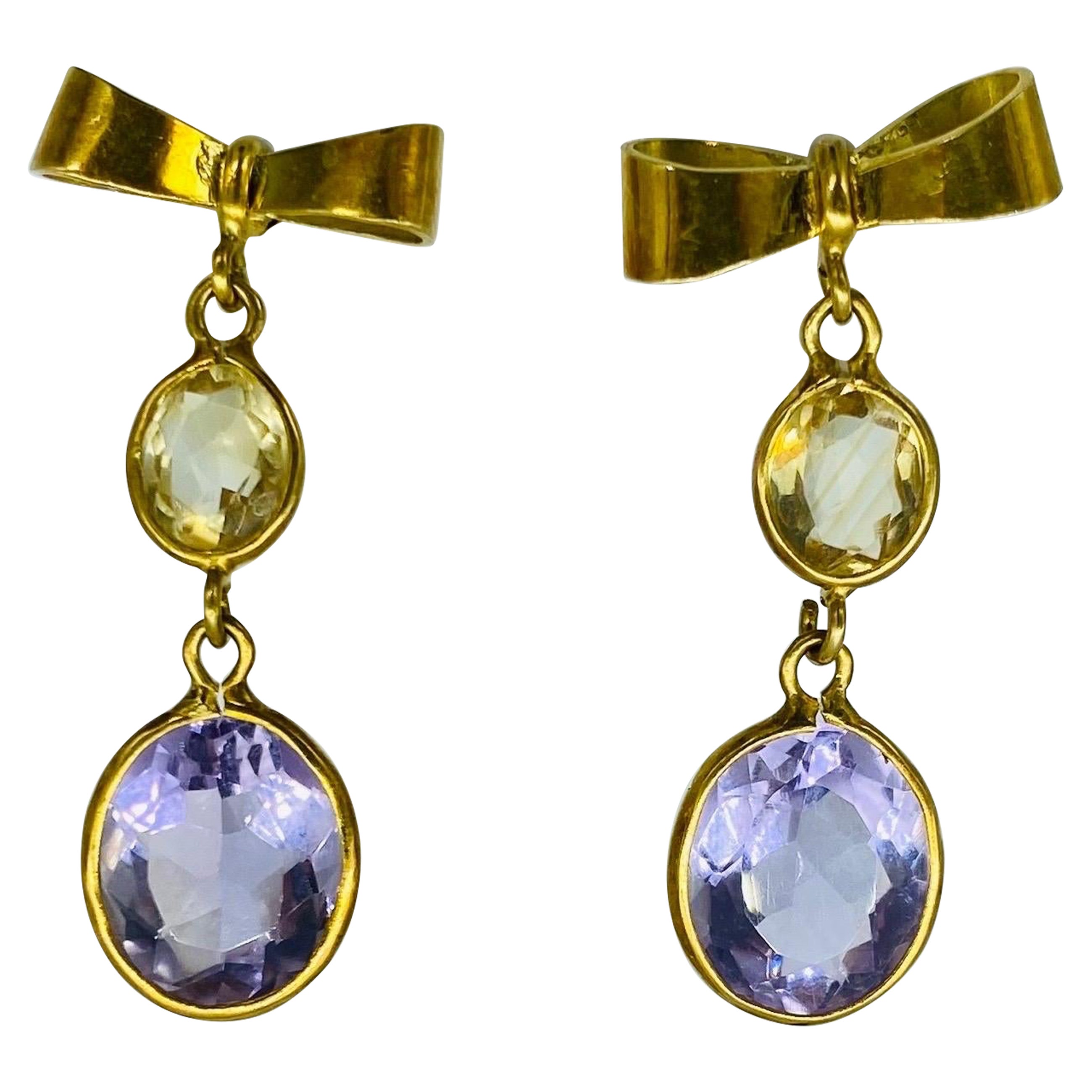 Boucles d'oreilles pendantes en or 18k avec nœud papillon en pierres précieuses Améthyste et Citrine 7 carats