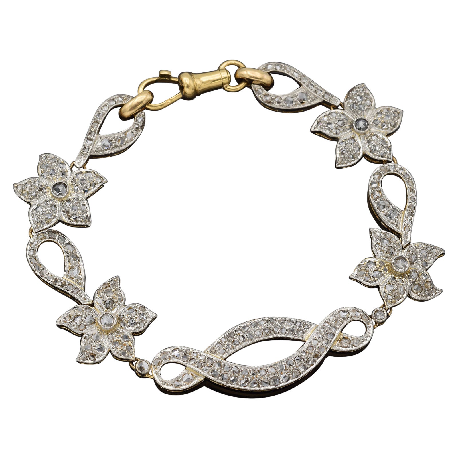 Antique 6.00 TCW Rose Cut Diamond Yellow Gold & Platinum Floral Bracelet For Sale