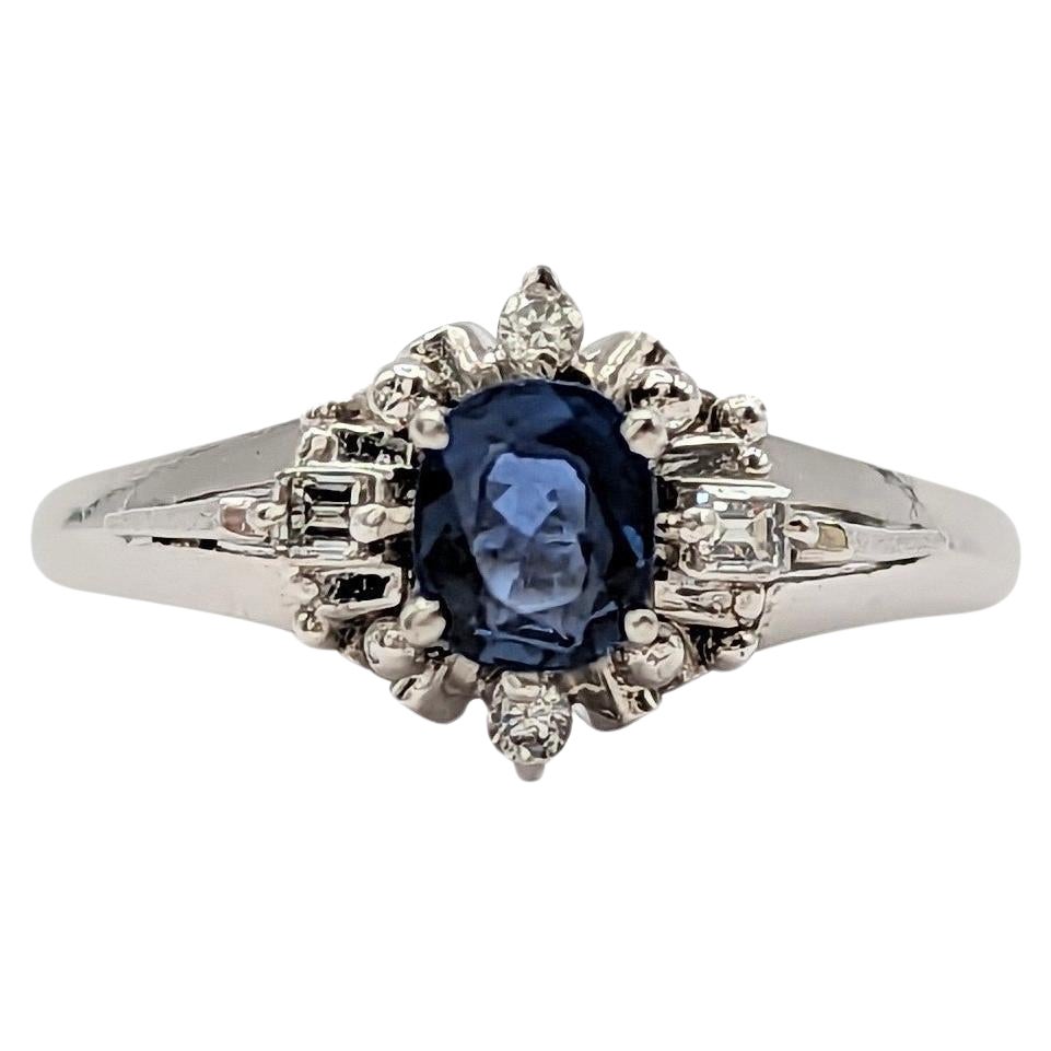 Blue Sapphire Oval and White Diamond Ring in Platinum For Sale