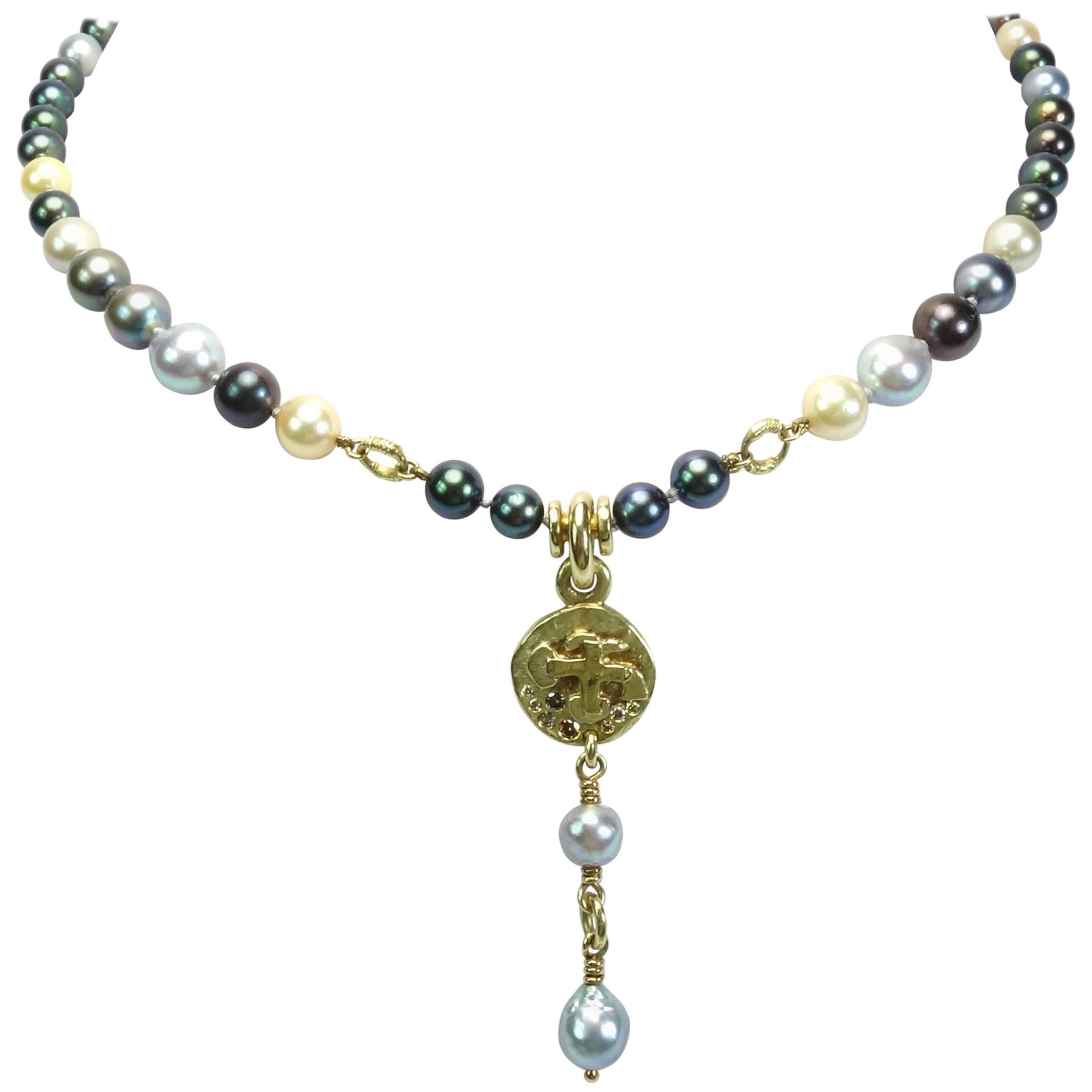 Lee Brevard Multi Color Diamond and Cultured Pearl Necklace For Sale