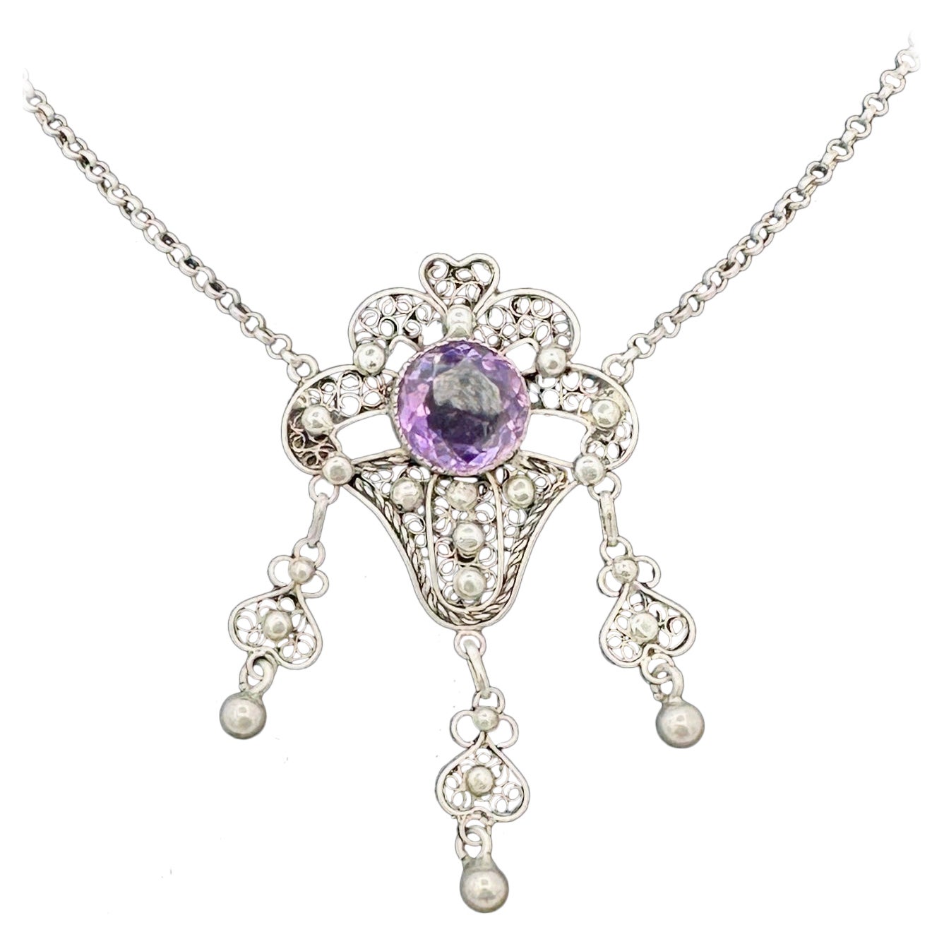 5.5 Carat Rose De France Amethyst Pendant Necklace Arts & Crafts Antique Silver For Sale