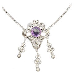 5,5 Karat Rose De France Amethyst-Anhänger-Halskette Arts & Crafts Antikes Silber