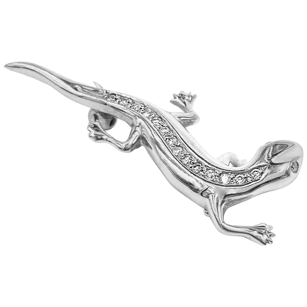 Cute! 14kt White Gold Hand Made Gecko with .50 Carats of Diamonds Brooch or Pin For Sale