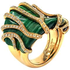 Aristocrat Custom .86ctw Pave Diamonds & Natural Carved African Malachite Ring