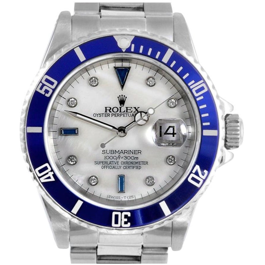 Rolex Herren 40mm Submariner 16610 Perlmutt Saphir Austernstahl für Herren im Angebot