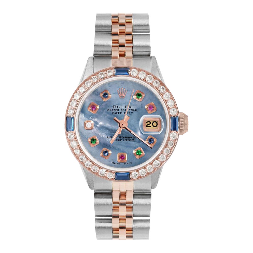 Rolex Montre Datejust bleue avec cadran arc-en-ciel MOP en or rose et lunette saphir/diamant