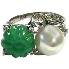 Vintage Carved Jade Pumpkin and Pearl Gold Ring 10