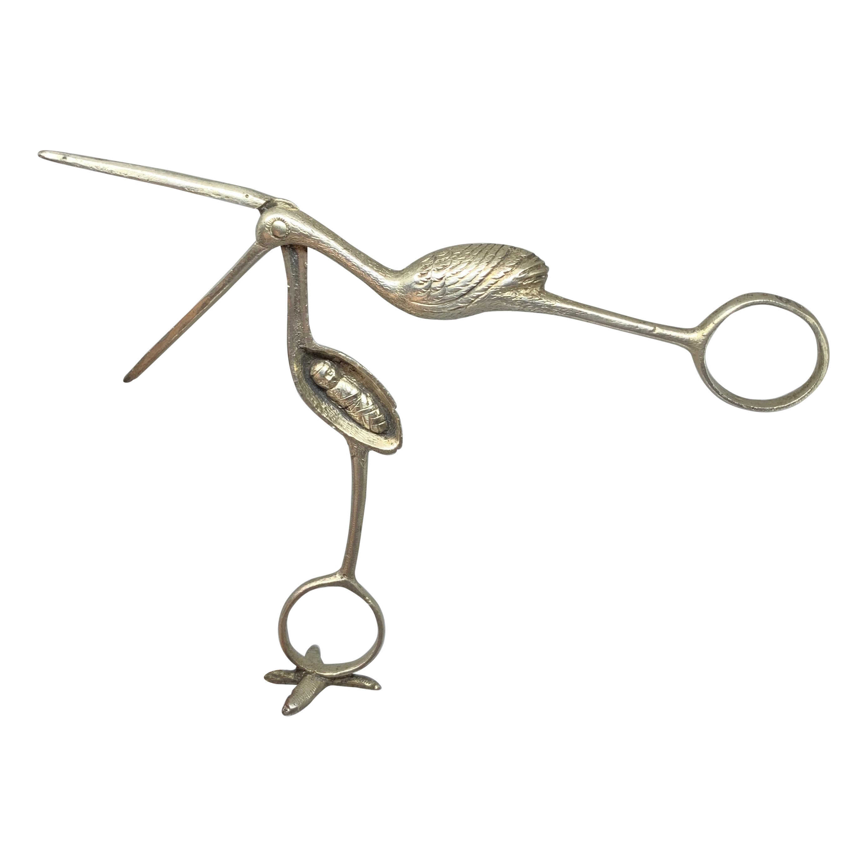 French Silver Birth Stork Scissors Swaddled Baby 19th Century Birth Announcement For Sale