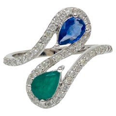 Bochic Retro Vintage Emerald & Sapphire 18K Gold & Diamond Ring, Circa 1960