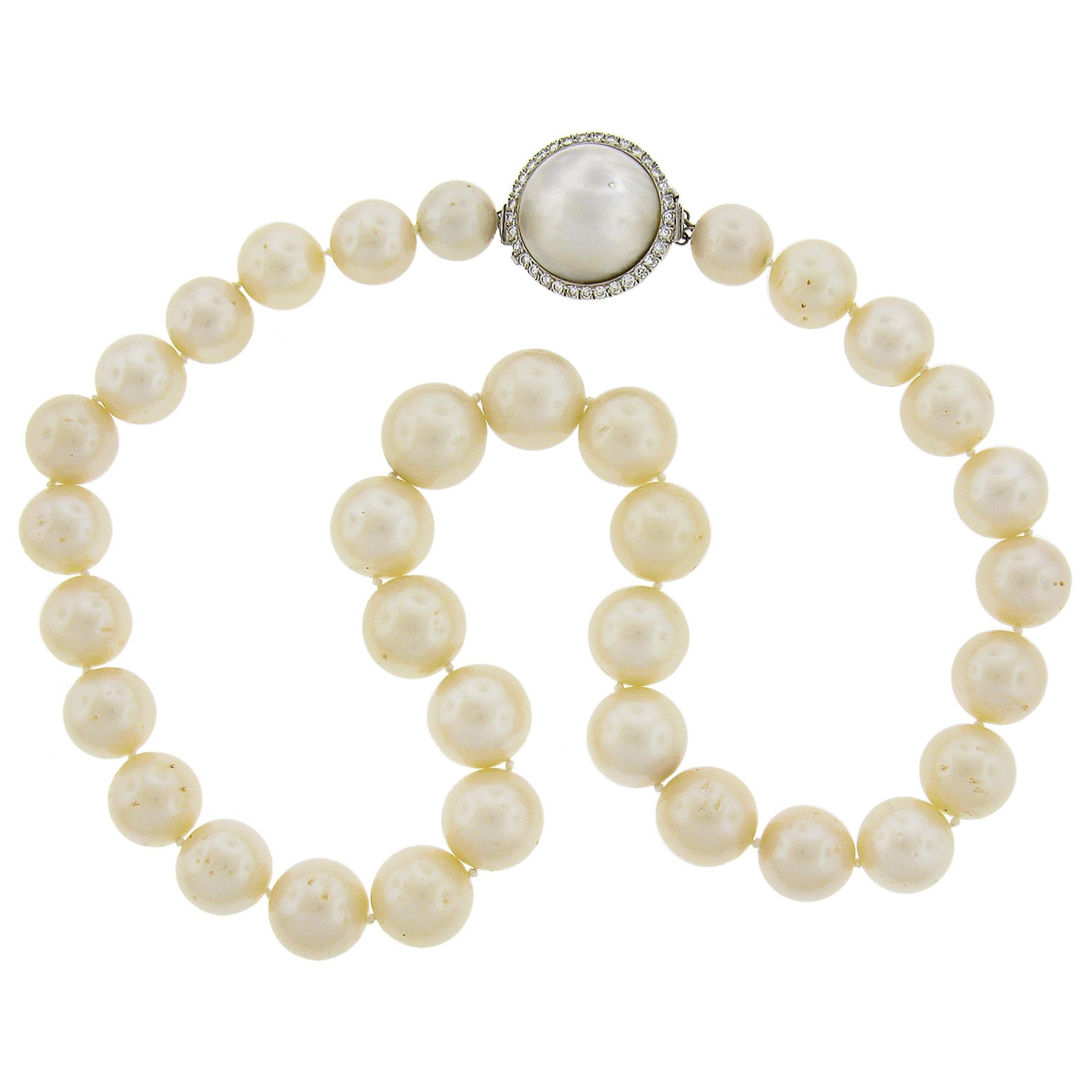 20" GIA Cultured Pearl Strand Necklace w/ 14k Gold Diamond & Mabe Pearl Clasp For Sale