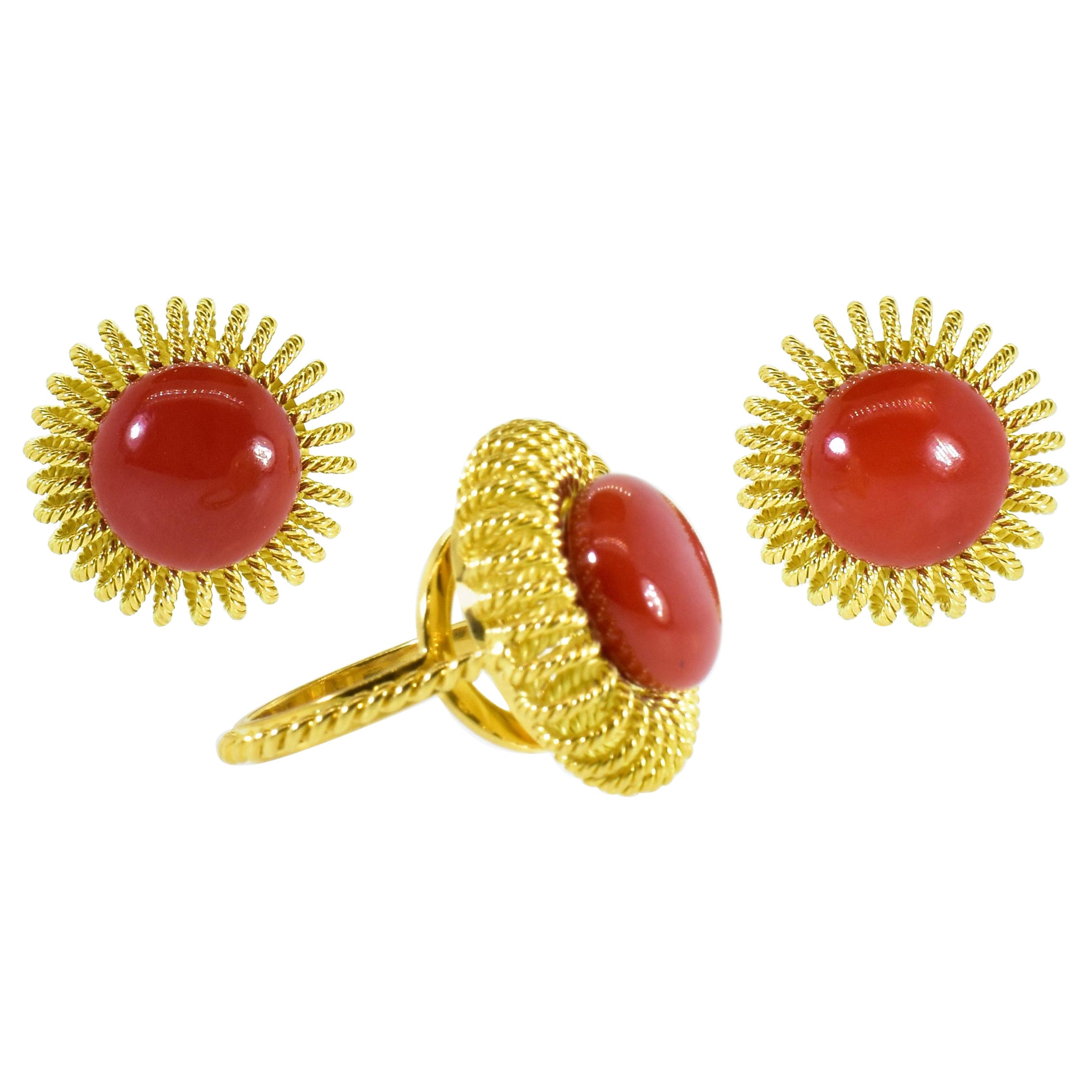 Red Mediterranean Oxblood Coral Earrings & 18K Ring, C. 1950 For Sale