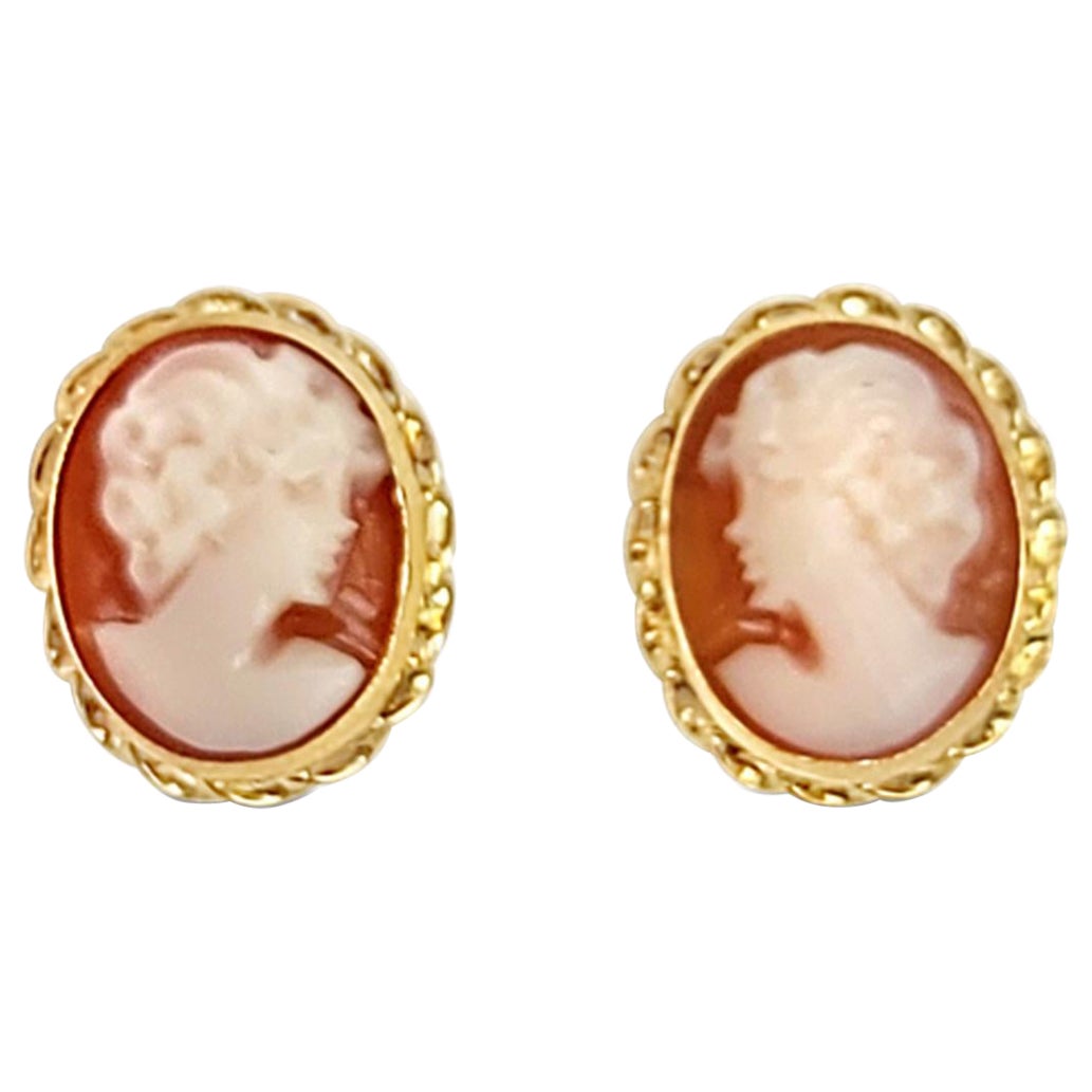 Pink Cameo Earrings in 14k Yellow Gold  For Sale