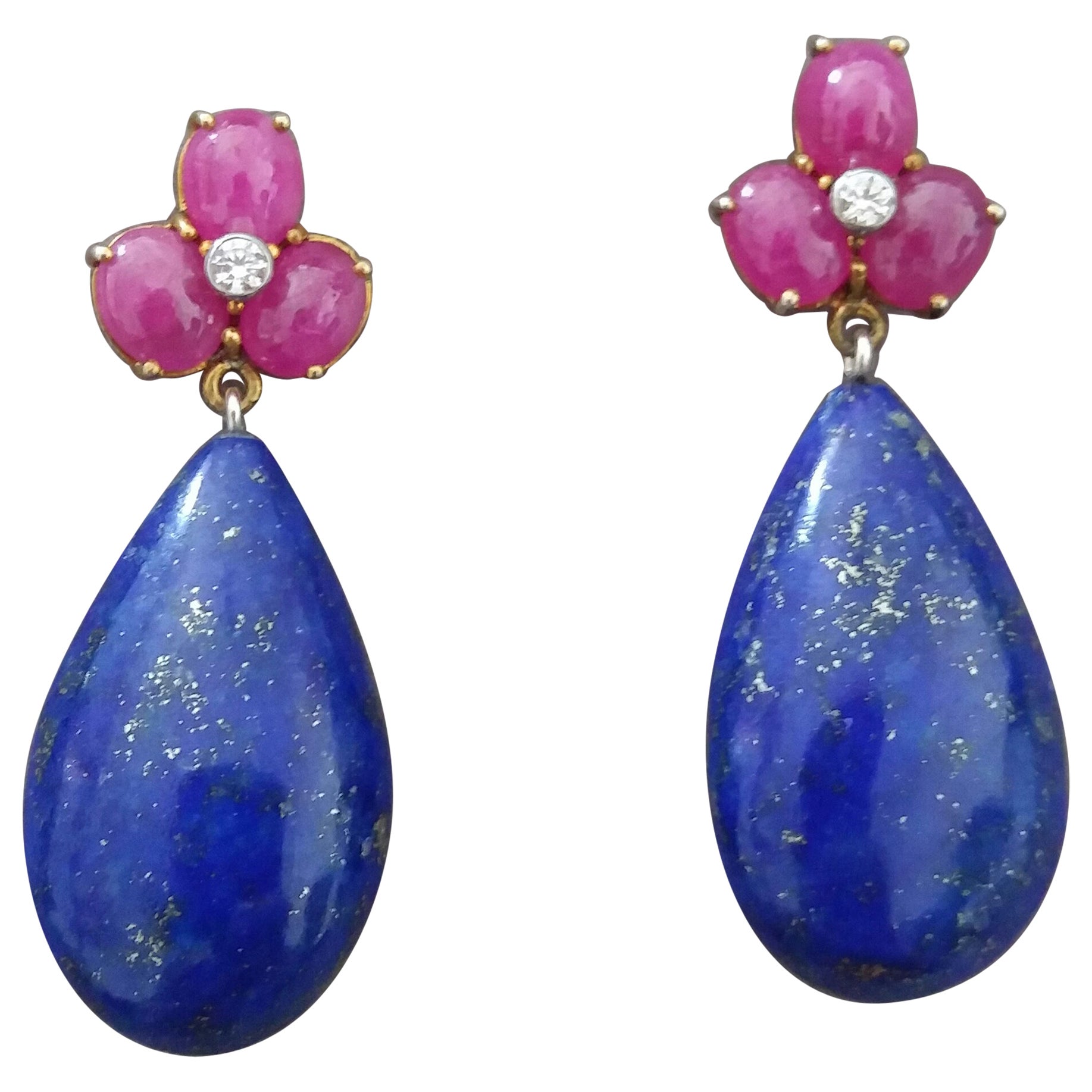 6 Oval Ruby Cabs Gold Diamonds Pear Shape Natural Lapis Lazuli Drops Earrings For Sale