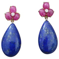 6 Oval Ruby Cabs Gold Diamonds Pear Shape Natural Lapis Lazuli Drops Earrings