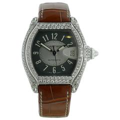 Mens Cartier Roadster Diamond Encrusted Stainless Steel Watch