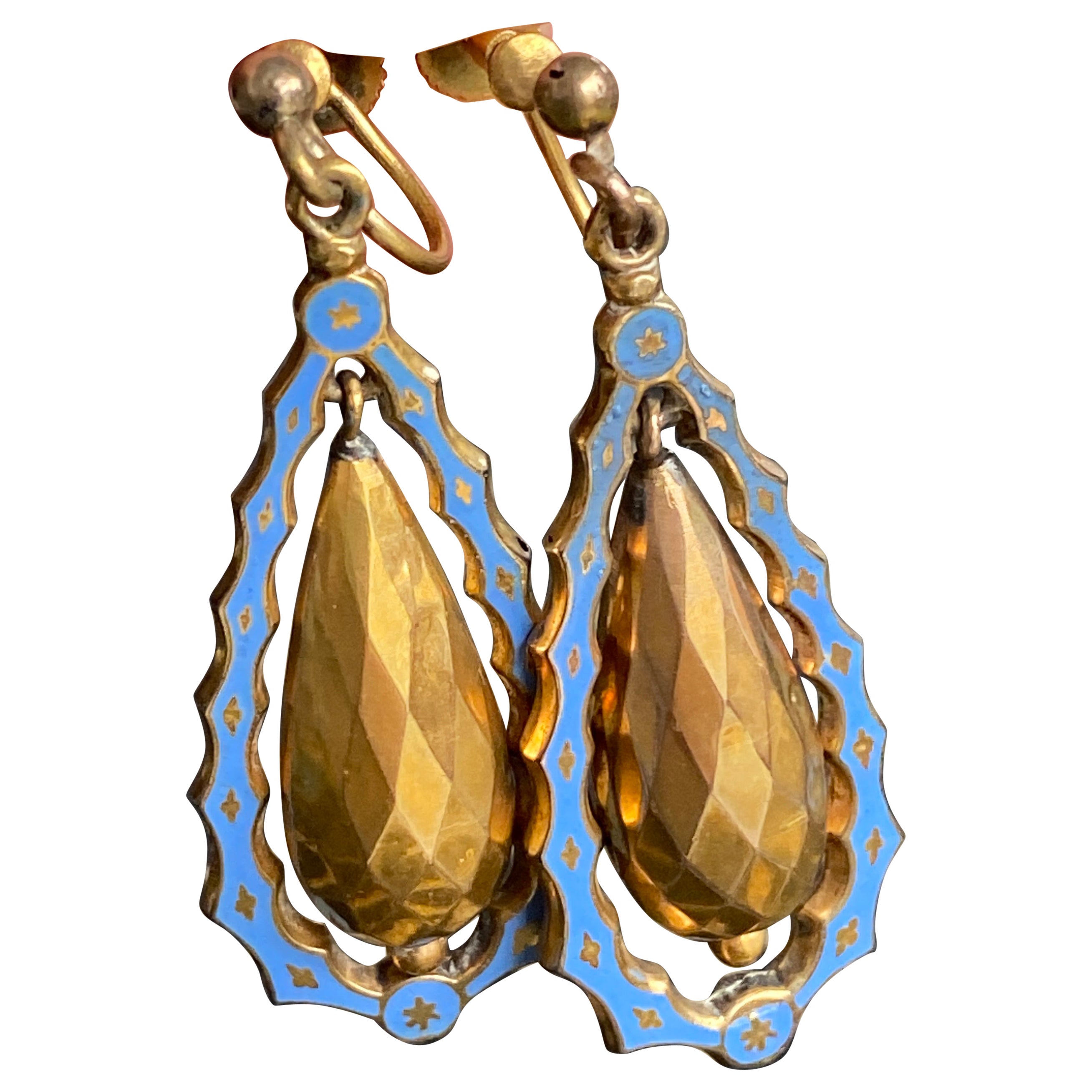 Victorian Blue Enamel Torpedo 14K Earrings For Sale