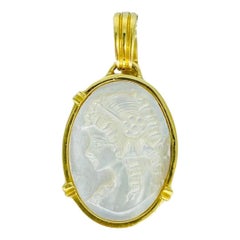 Retro Mother of Pearl Shell Lady Oval Carved Cameo Pendant 18k Gold