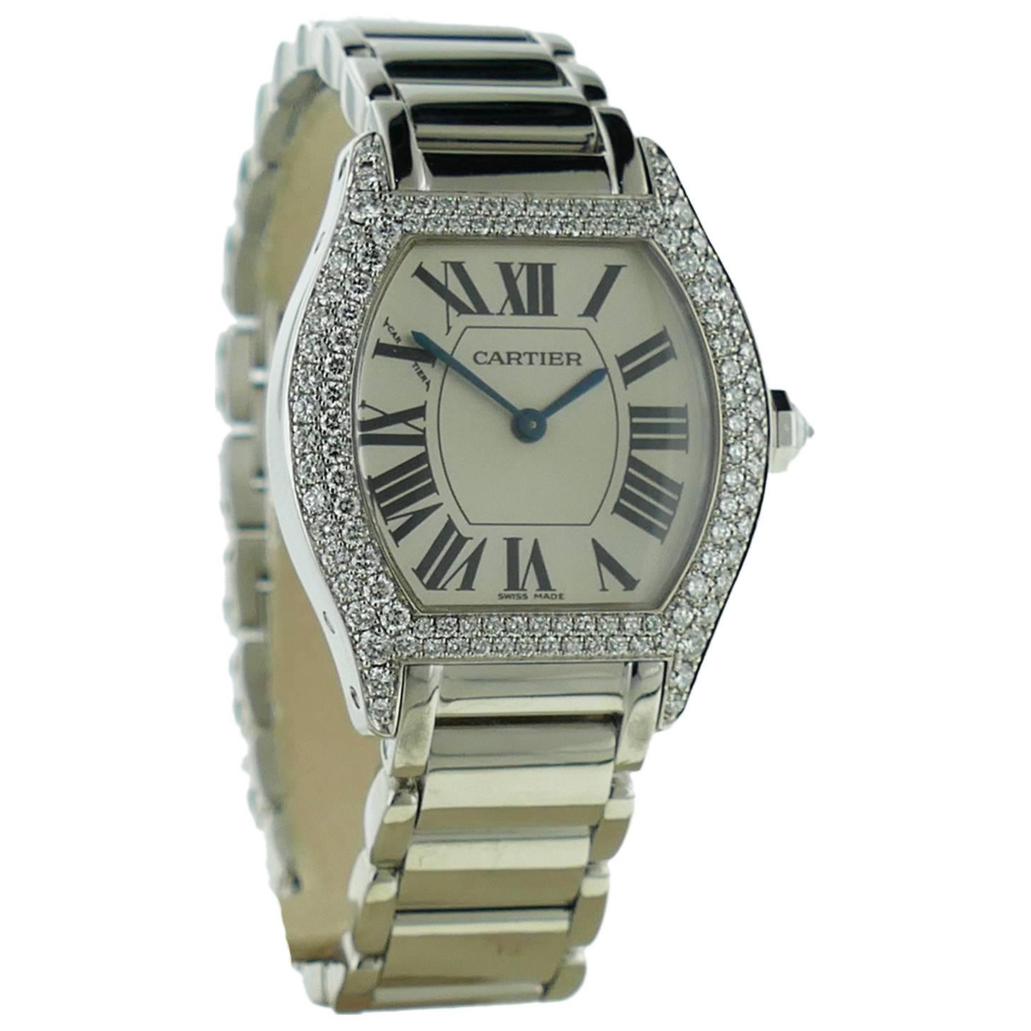 Ladies Cartier Tortue 18k White Gold Diamond Watch on a Bracelet
