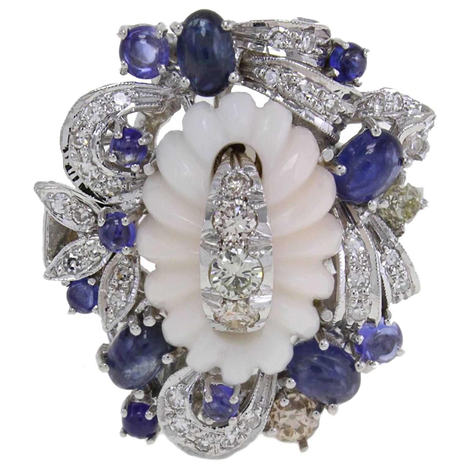 Diamond Sapphire Coral and Gold Ring