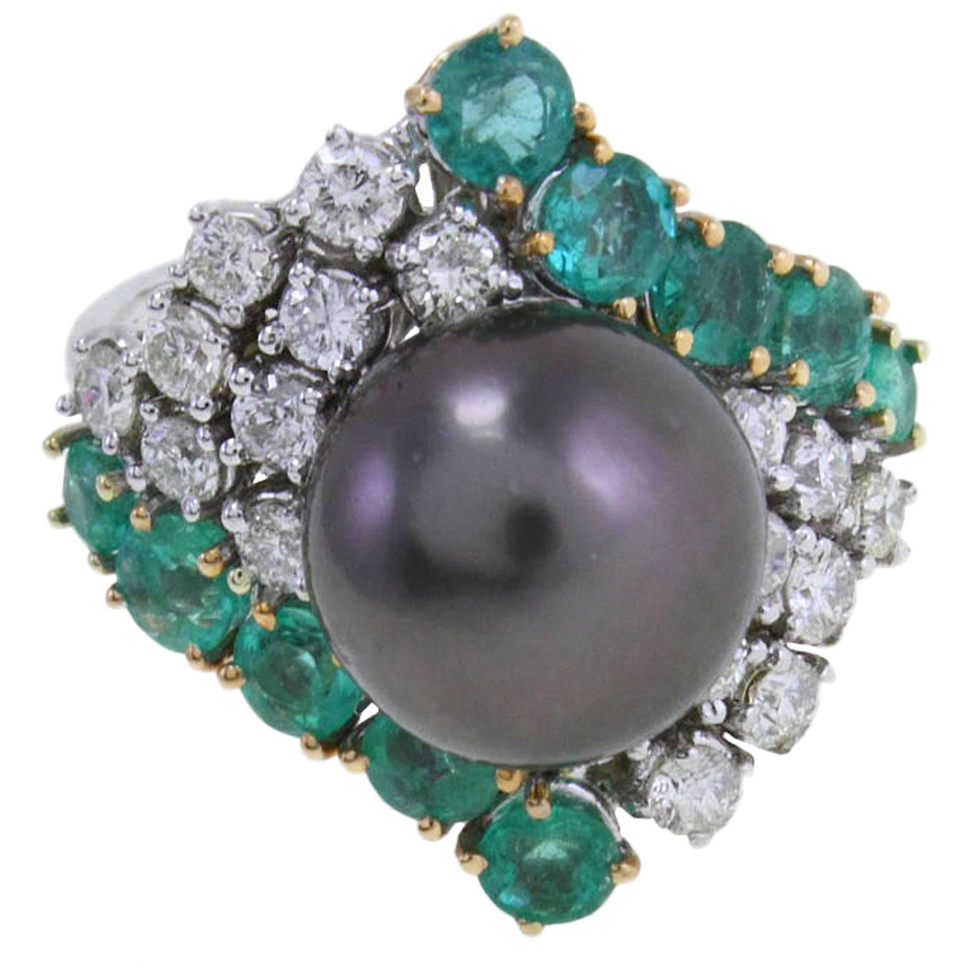 Black Pearl Emerald Diamond and White Gold Ring