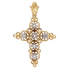 Vintage Cross Pendant - 0.10 CT Round Shape Natural Diamonds, 18K Yellow Gold