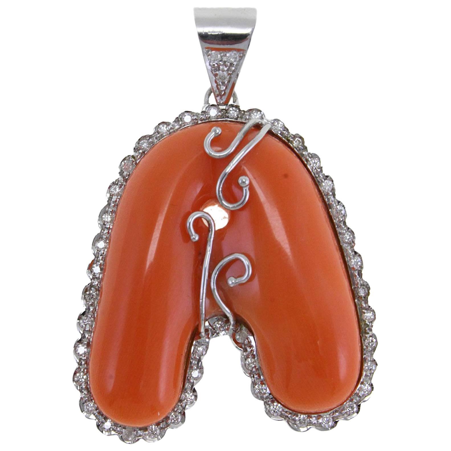  White Diamonds, Red Coral, Letter Shape, White Gold Pendant Necklace For Sale