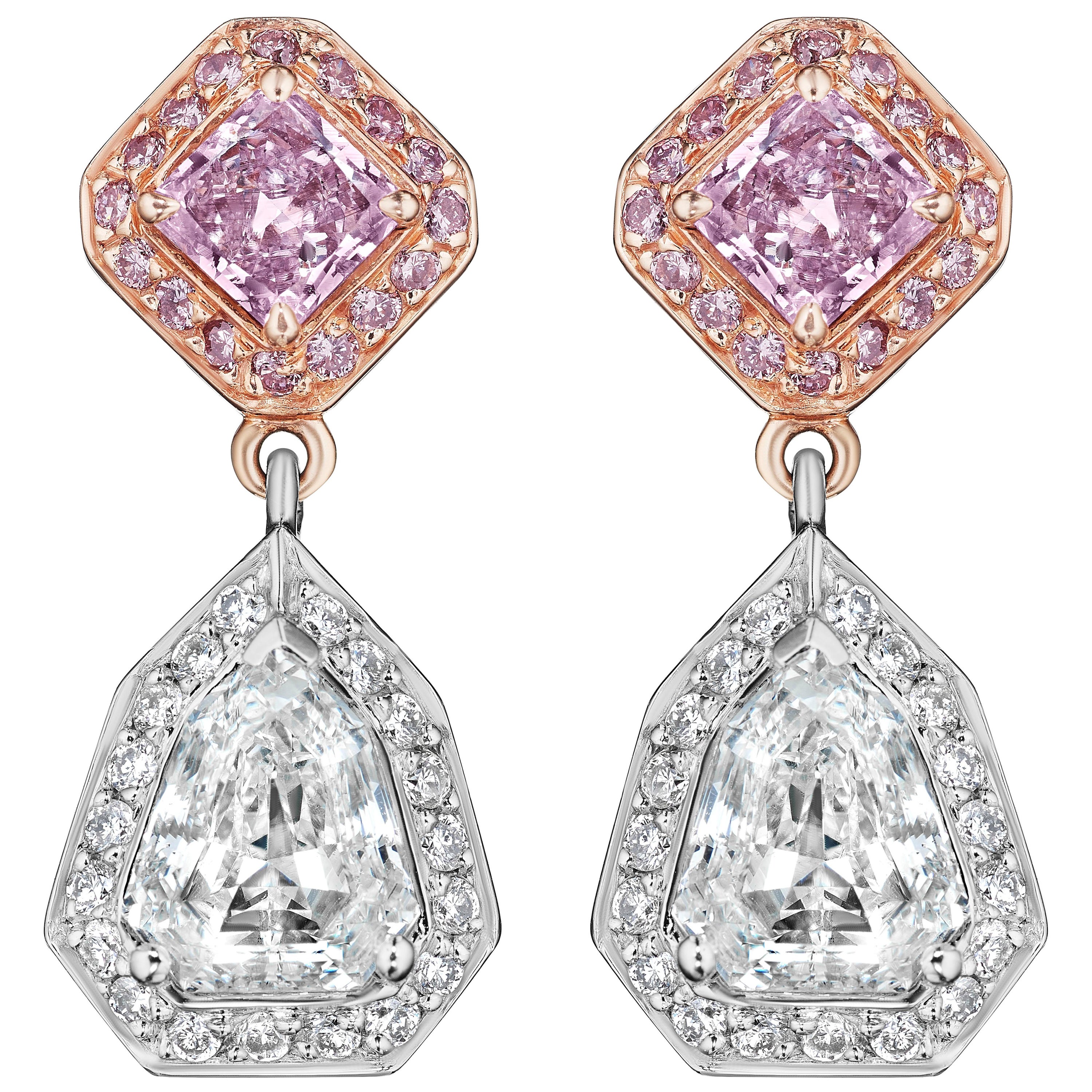 3.72ct Fancy Purple Pink GIA Certified Shield & Radiant Cut Diamond Earrings