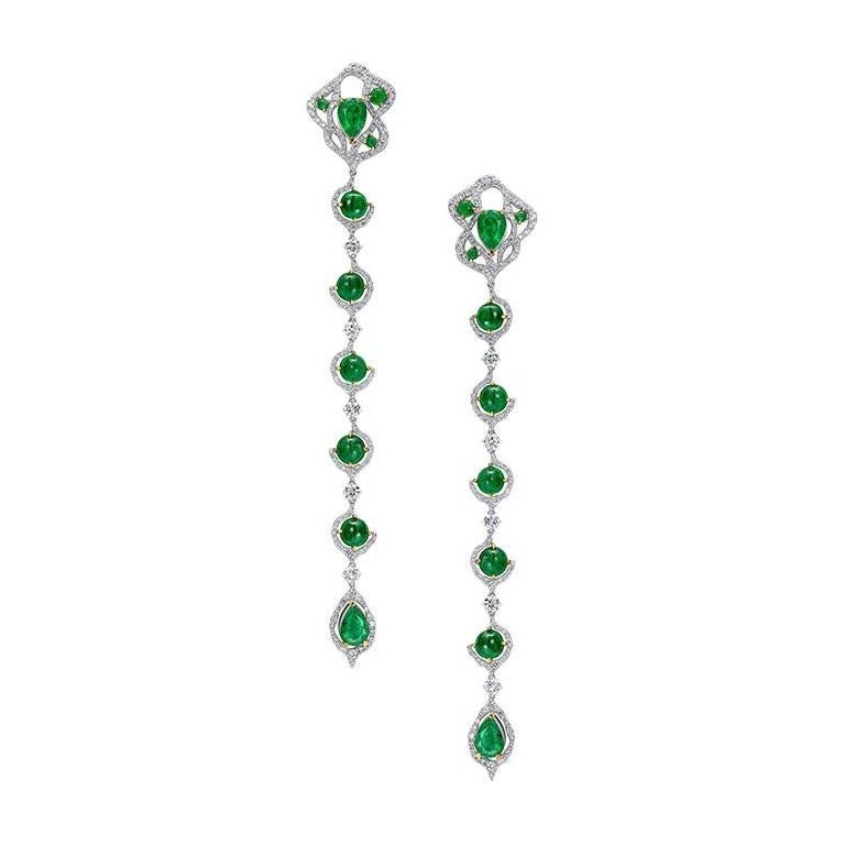 18 Karat White and Yellow Gold, White Diamonds and Emeralds Stiletto Earrings