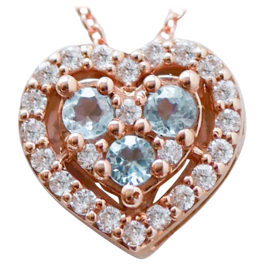 Aquamarine, Diamonds, 18 Karat Rose Gold Heart Pendant Necklace.