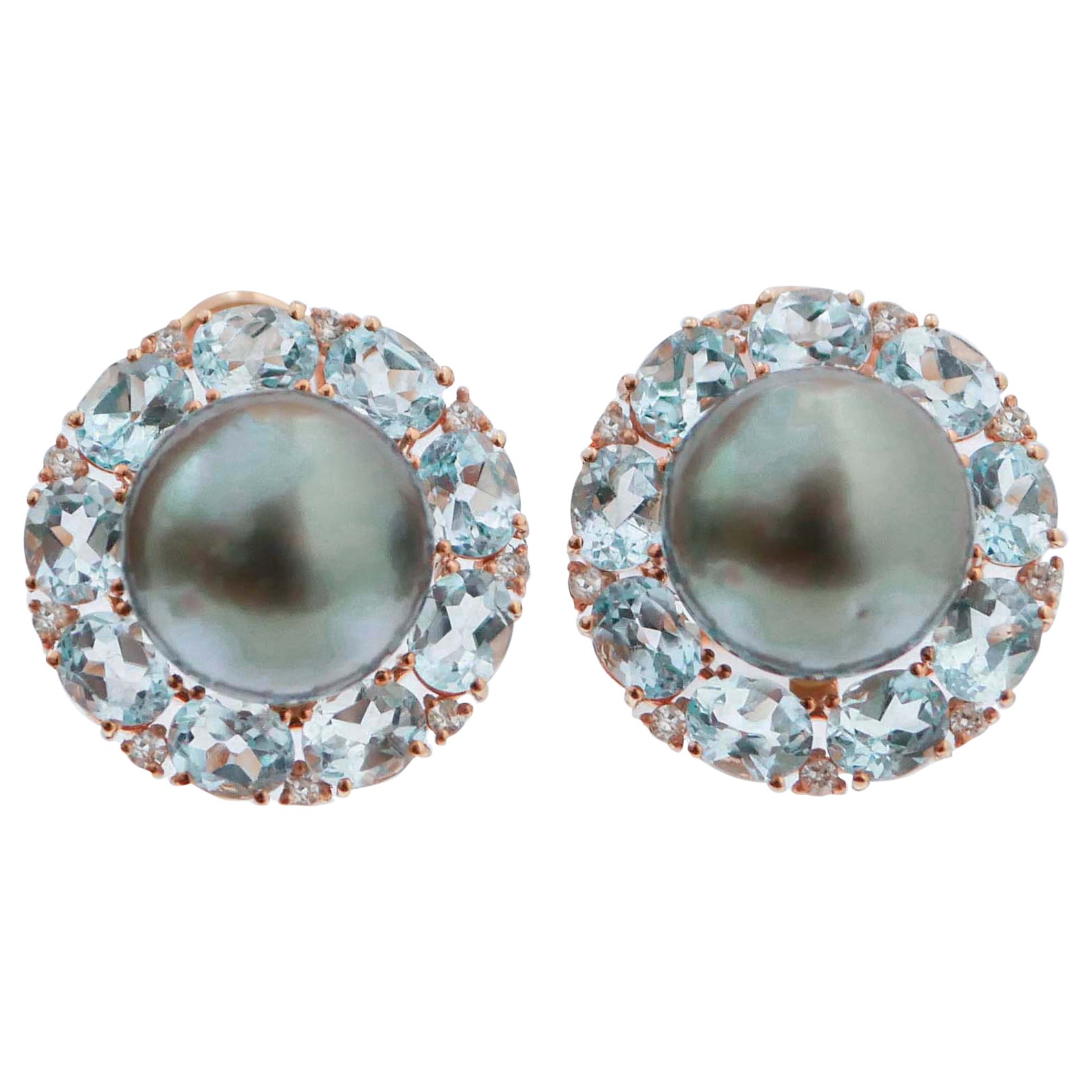 Ohrringe aus 14 Karat Roségold mit grauen Perlen, Topas und Diamanten.