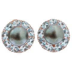 Retro Grey Pearls, Topazs, Diamonds, 14 Karat Rose Gold Earrings.
