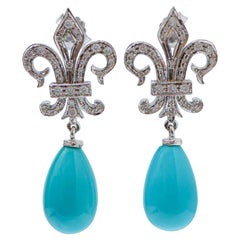 Turquoise, Diamonds, 14 Karat White Gold Dangle Earrings.
