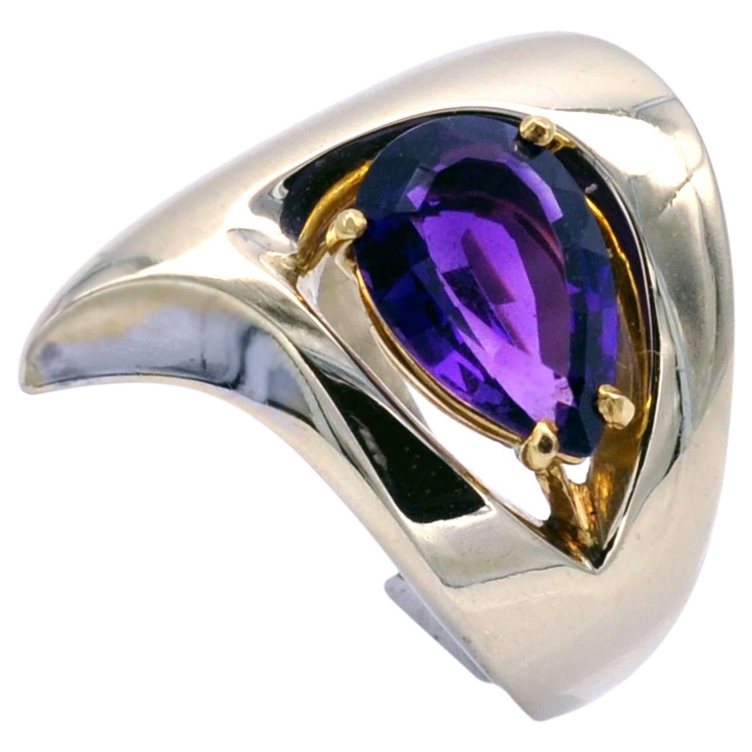Pear Shaped Amethyst and Gold Modernist Ring