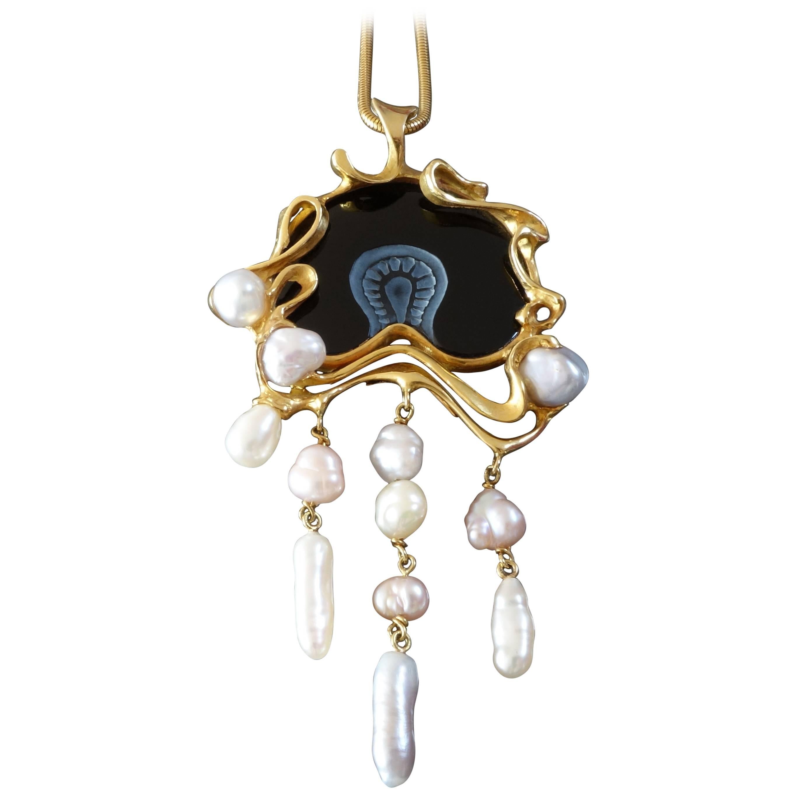 Fernand Demaret Belgium Unique Modernist Onyx Pearl Gold Pendant On Long Chain For Sale