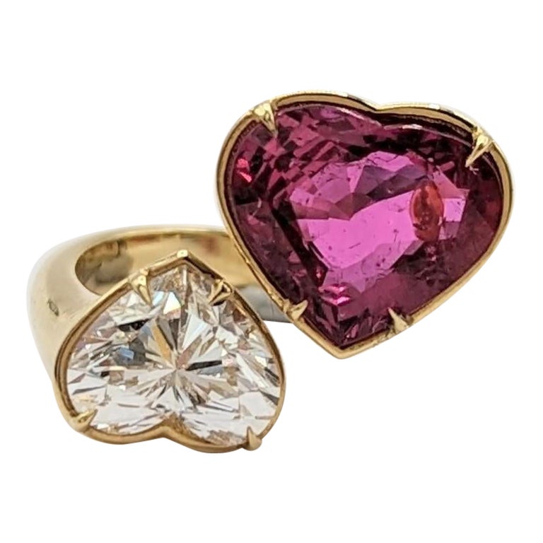 GIA Unheated Heart Shape Ruby & Diamond Bypass Ring in 18 K Yellow Gold For Sale